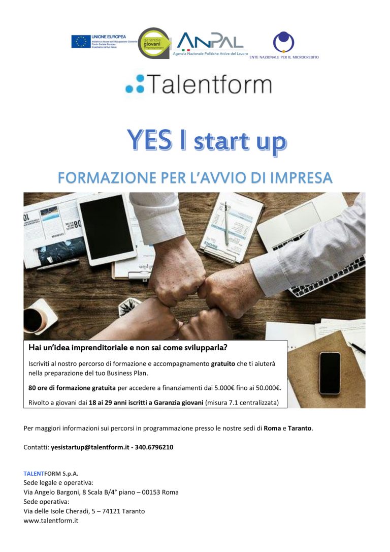 PARTECIPA AL PROGETTO "YES I START UP FORMAZIONE PER L'AVVIO D'IMPRESA" 20 Locandina YISU Talentform 1