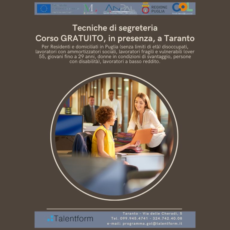 Tecniche di segreteria e dematerializzazione, Corso Gratuito, in presenza, a Taranto, Programma GOL, Percorso 2 “Upskilling” - 140 ore 5 Tecniche di segreteria