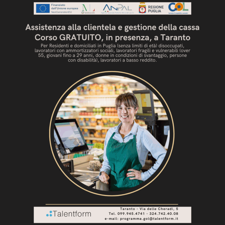 Corso per assistenza alla clientela e gestione della cassa, Corso Gratuito, Programma GOL Puglia, Percorso 3, edizione del 24 febbraio 2026 (in presenza, a Taranto) 8 Assistenza alla clientela e gestione della cassa 2
